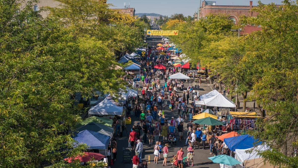 Aerial view of Saturday downtown farmers market