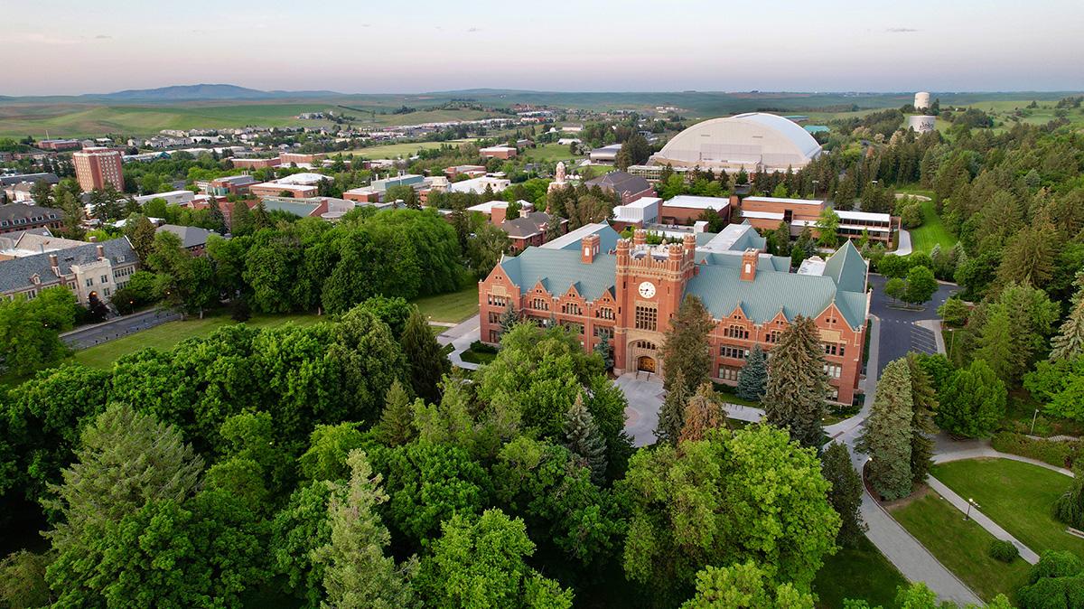 Drone aerial footage of the University of Idaho's admin building.