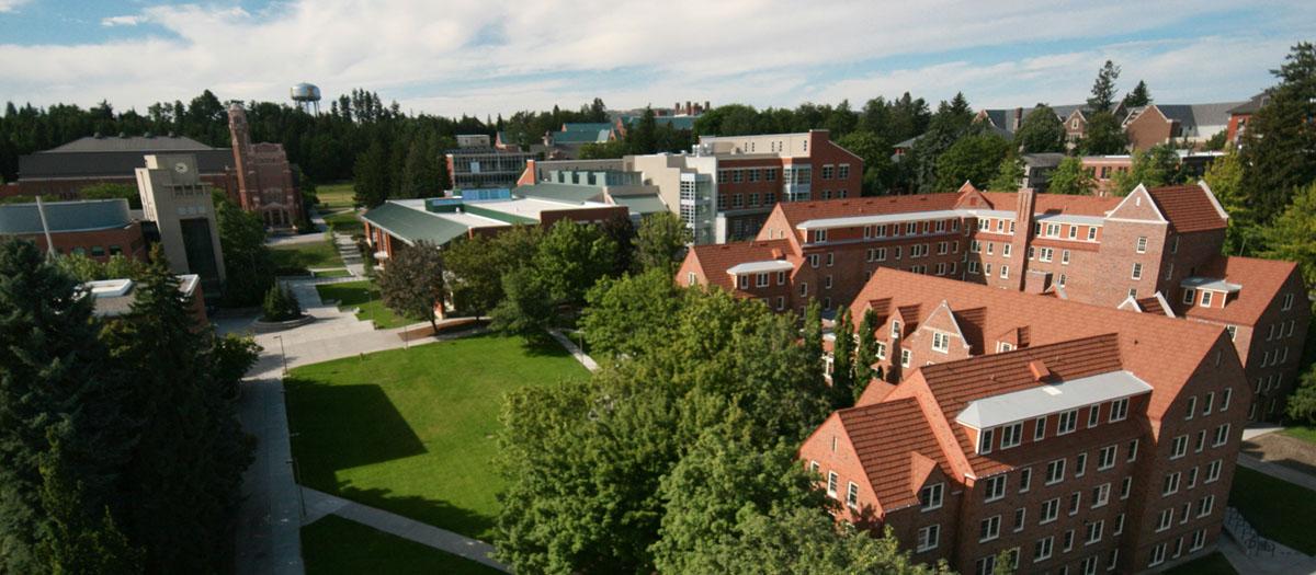 An aerial view of Brink Hall which is home of the English Department; the Idaho Commons; and the Library.