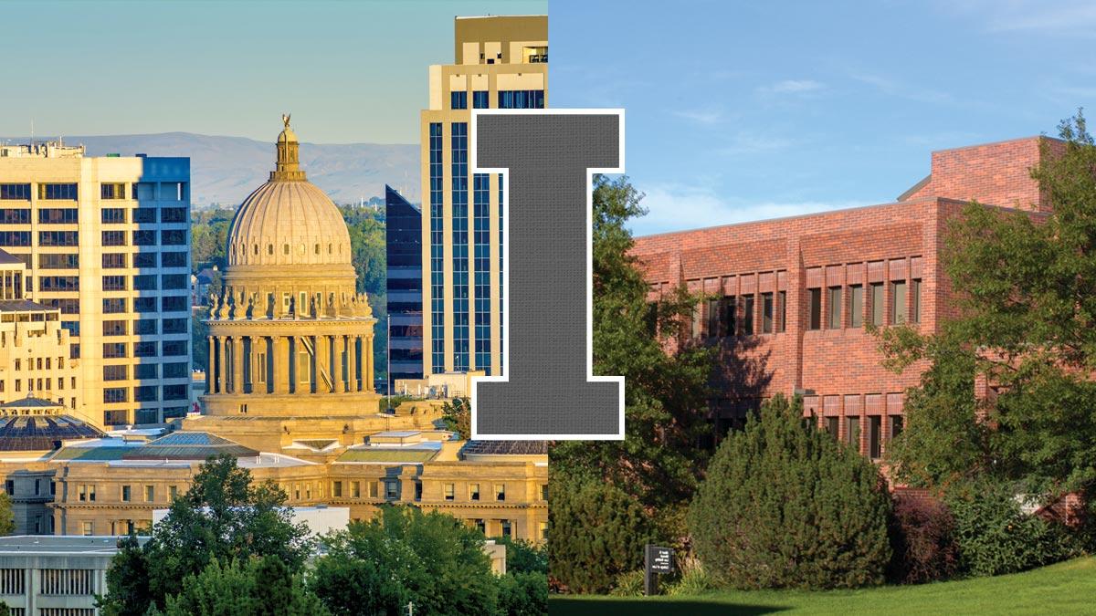 Two photos, the Menard building and the Idaho State Capital building, joined in the middle with the University of Idaho "I."